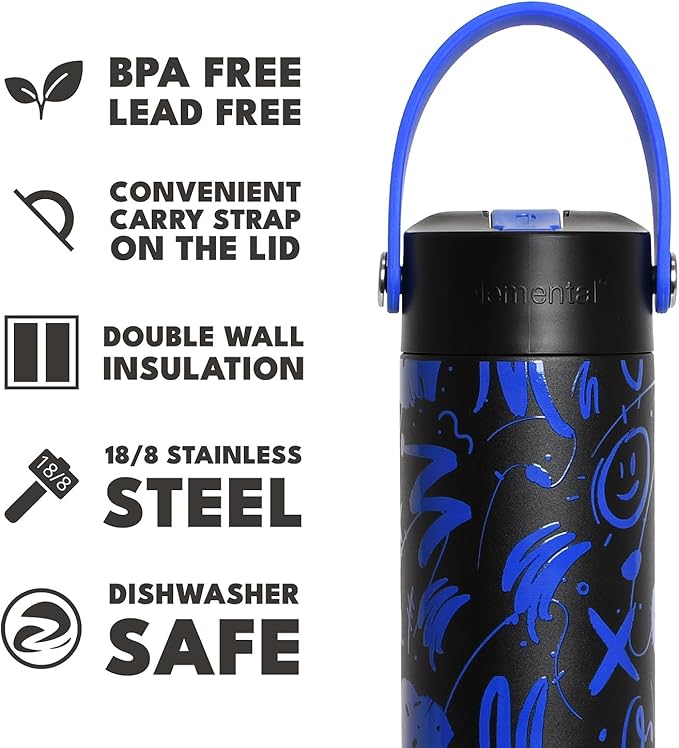 Elemental 24oz Insulated Water Bottle with Straw - 100% Leak-Proof Stainless Steel Core Water Bottles for Travel, Sports and Gym - Double Wall Insulation & BPA Free - Freestyle