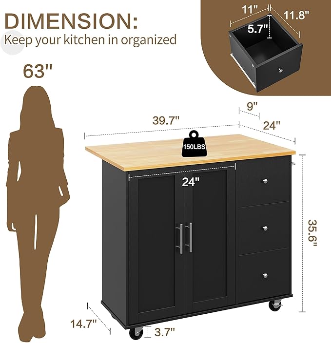 SUNLEI Kitchen Island on Wheels with Storage Cabinet & Foldable Drop Leaf, Rolling Kitchen Table, Cart Handle for Towel Rack, Drop Leaf, Portable Islands for Kitchen (Classic Black, 39.7-INCH)…