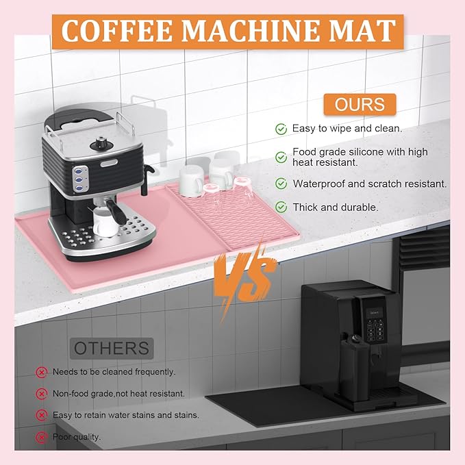 Silicone Coffee Mat Set - Includes Removable Drying Pad, Raised Edges for Non-Leak and Non-Slip, Suitable for Kitchen Coffee Machines and Countertop Protection, Bar Decor Pad (Pink, 24" x 16")