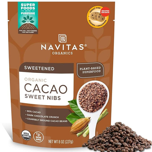 Navitas Organics Cacao Nibs – Sweetened Dark Chocolate Crunch – Antioxidants, Minerals, Fiber – For Trail Mix, Baking & More – USDA Organic, Fairtrade, Non GMO, Gluten Free, Non-alkalized (8oz. Bag 57 Servings)
