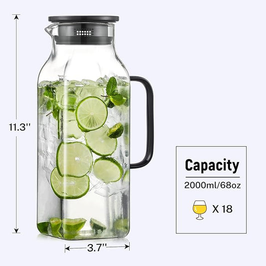 2 Pack 2 Liters/68 oz Square Glass Pitcher with Lid and Handle for Fridge, Iced Tea and Coffee Carafe Beverage Serveware, Heat Resistant Borosilicate Water Black Jug for Hot/Cold Drinks and Milk