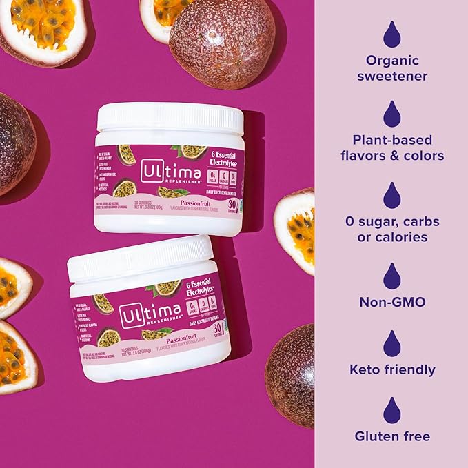 Ultima Replenisher Daily Electrolyte Powder Drink Mix – Sugar Free – Passionfruit, 30 Servings – Hydration Powder with 6 Key Electrolytes and Trace Minerals – Keto Friendly, Non-GMO