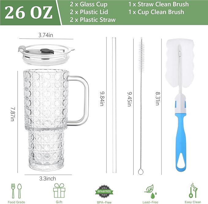 26oz Glass Cups with Lids and Straws,2 Pack Tumbler With Handle Mason Jar Wide Mouth Reusable Drinking Glasses with Lid and Straw Smoothie Tumbler Iced Coffee Beer Cup Travel Mug(Diamond)
