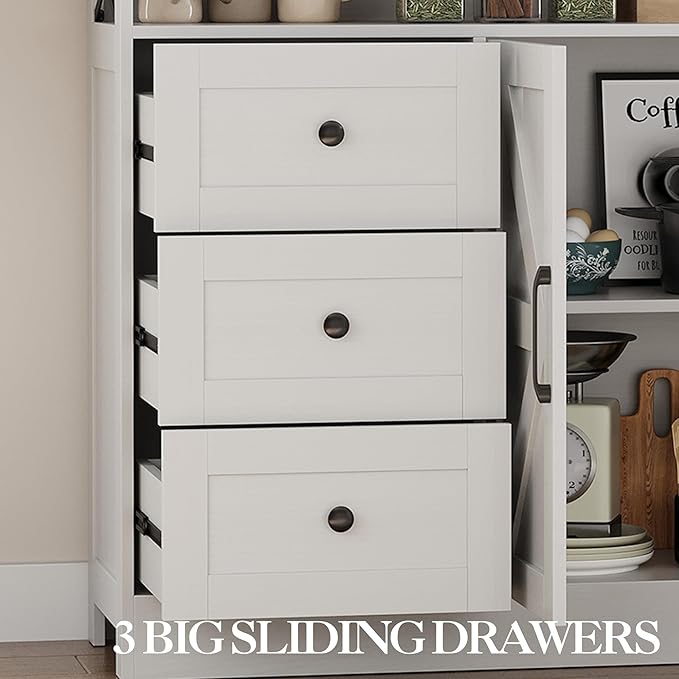GAOMON 51Inch Sideboard Buffet Cabinet, Wood Rustic Coffee Bar Large Buffet Storage Cabinet with Drawers and Power Outlets Shelves Doors for Dining Kitchen Living Room, White