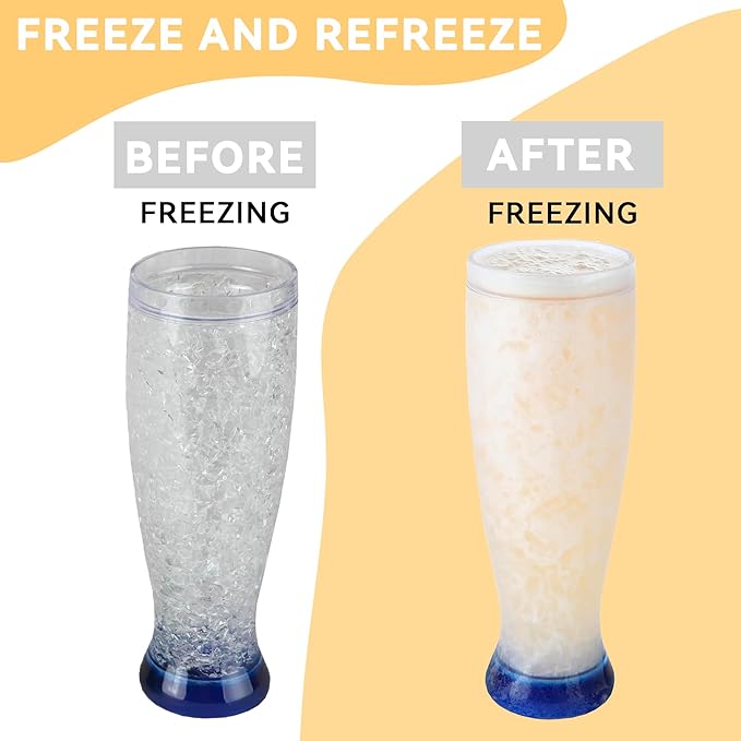 Lily's Home Freezer Beer Mugs, Set of 4-16 oz Double Wall Insulated with Liquid Gel, Frosty Chiller Cups, Break-Resistant Acrylic Freezable Glasses for Home Bar, Pool Parties, BBQ & Outdoor Gifts