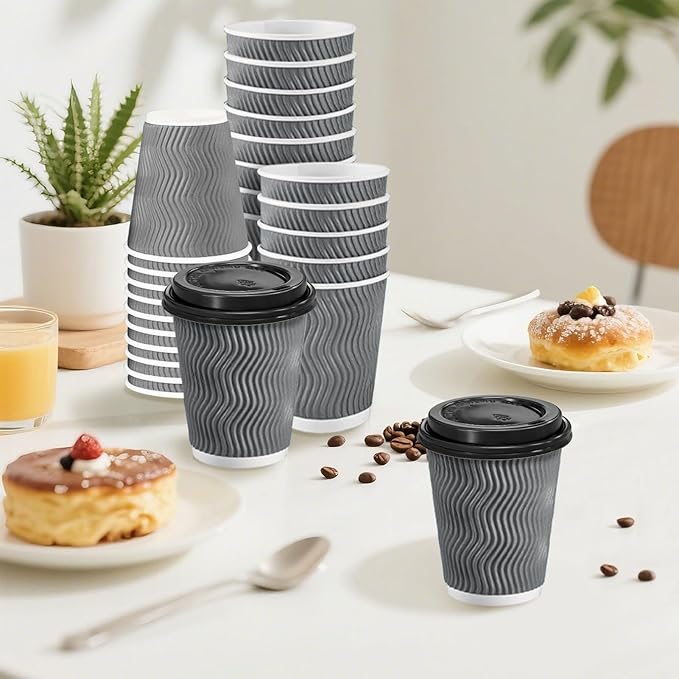Clawsoff 100 Pack 10 oz Disposable Coffee Cups with Lids, Insulated Ripple Wall To-Go Paper Coffee Cups Suitable for Chocolate Cocoa and Hot/Cold Drinks (Grey)