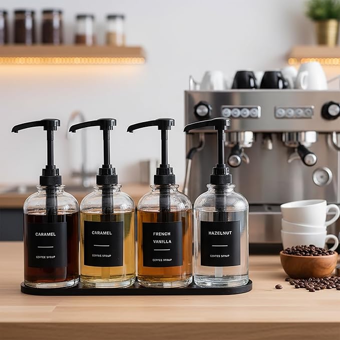 Coffee Syrup Pump Dispenser - Glass Bottle with 1/4 oz Large Capacity Pump, Coffee Bar Organizer Black, 16.9oz