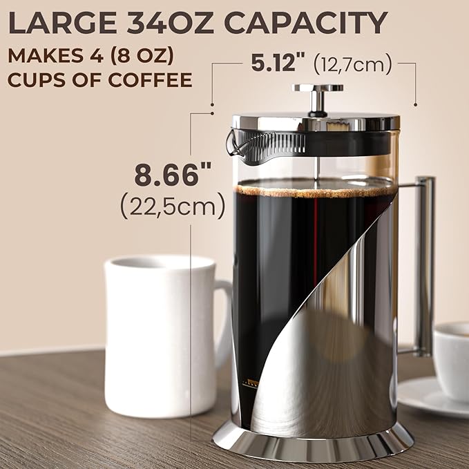 Cafe Du Chateau Stainless Steel French Press Coffee Maker 34 oz - Easy to Use Insulated Coffee Press with 4-Level Filtration, Manual Brewer for Tea, Camping & Travel with BPA Free, Durable Clear Glass