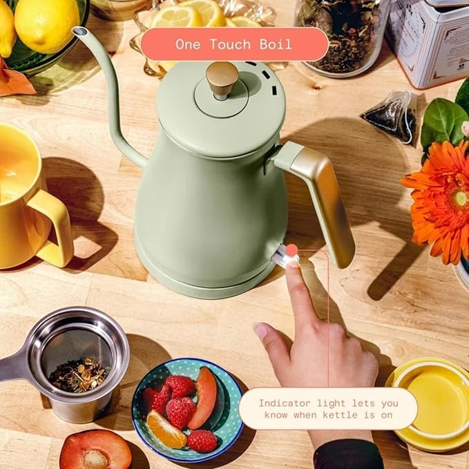 Electric Gooseneck Kettle 1 Liter 1200W, Stainless Steel, Pour Over Coffee Tea, Auto Shut-Off, 360° Cordless Power Base (Sage Green)