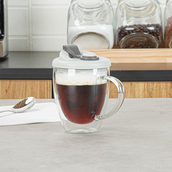 Restaurantware - Forma Professional 11.8 Ounce Insulated Travel Mug With Handle, 1 Double Wall Coffee Mug - Includes Lid, Reusable, Clear Borosilicate Glass Tumbler, Dishwashable, Microwavable