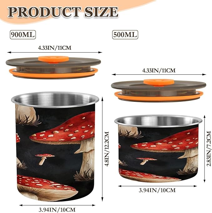YETTASBIN Mushroom Airtight Food Storage Containers 900ml/30oz, Stainless Steel Coffee Canisters with Vacuum-Lock Lid for Kitchen Organization, Coffee Bean, Tea, Sugar, Flour
