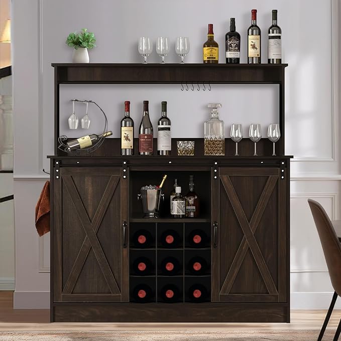 4ever2buy Farmhouse Coffee Bar Cabinet with 9 Wine Racks and 6 Hooks, 47 Inch Wine Cabinet with Storage, Kitchen Buffet Cabinet with Adjustable Shelves for Living Dining Room, Dark Oak