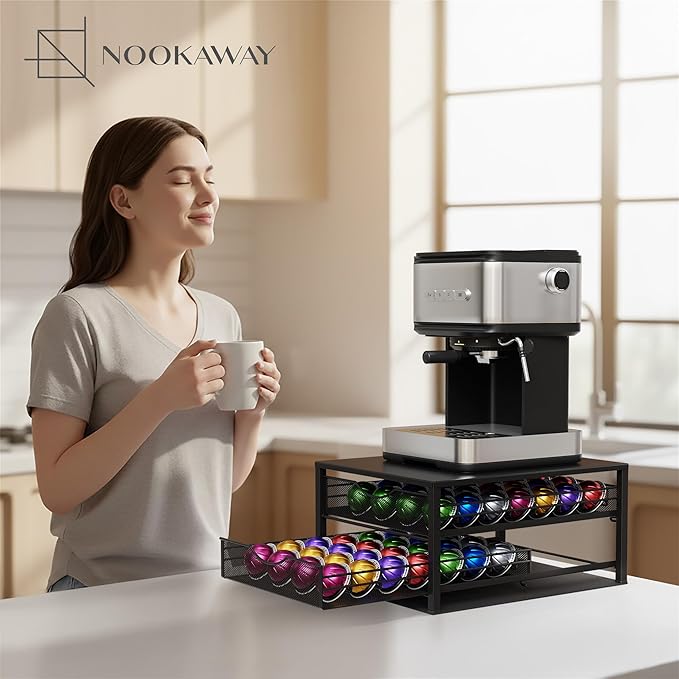 Coffee Pod Holders Drawer - 2 Tier K-Cup Holder Drawer with 56 Pod Cap, Kcup Storage Nonslip Rubber Mat - Dual Sliding K Cup Organizer, Coffee Station Organizer for Countertop Home Office