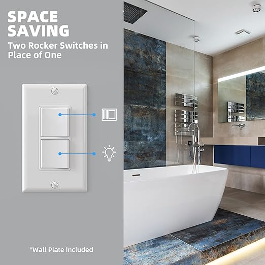 ELEGRP Decorator Double Rocker Light Switch, Two Single Pole Electrical Paddle, 15A 120V, in-Wall On/Off, Self-Grounding, Wall Plate Included, UL Listed (1 Pack, Glossy White)