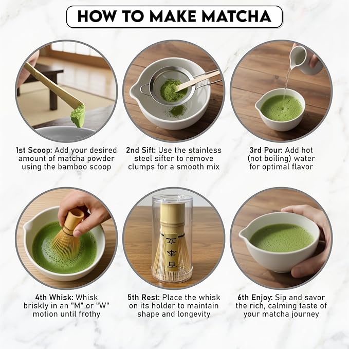 10-Piece Matcha Whisk Set | Complete Matcha Tea Kit with 17oz Ceramic Bowl, Bamboo Whisk & Scoop, Whisk Holder, Stainless Steel Sifter, Measuring Cup, Powder Caddy, Tea Towel | Gift-Ready Matcha Set