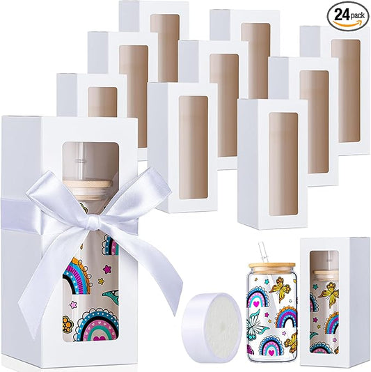 Honoson 24 Pcs Tumbler Gift Box with Ribbon for Sublimation Glass Exhibition Boxes Transparent for 12oz 16oz 20oz Drinking Cup Glasses Jars Mug Can Blanks (White)