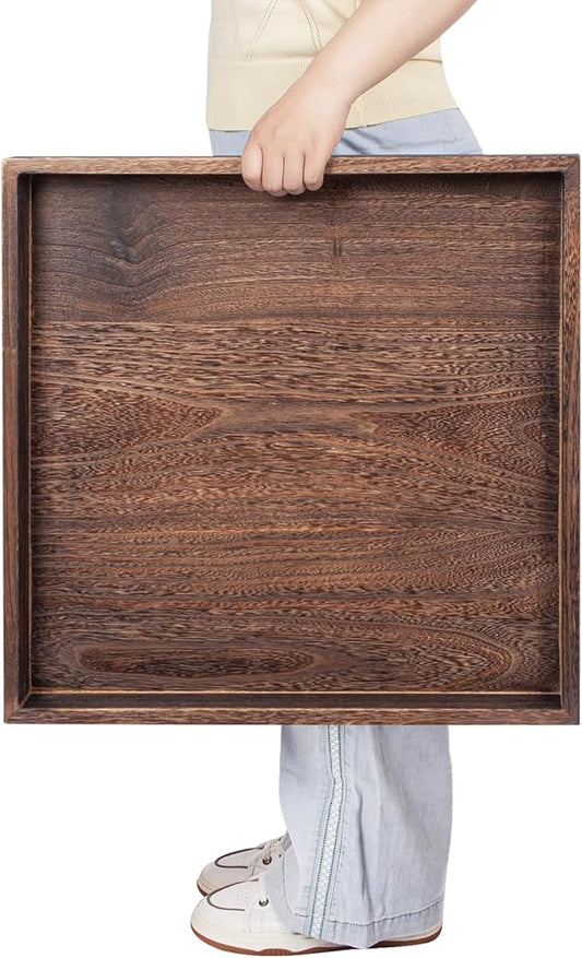Ottoman Tray for Coffee Table Living Room Wood Serving Tray Large Wooden Square 20 Inches Rustic Brown