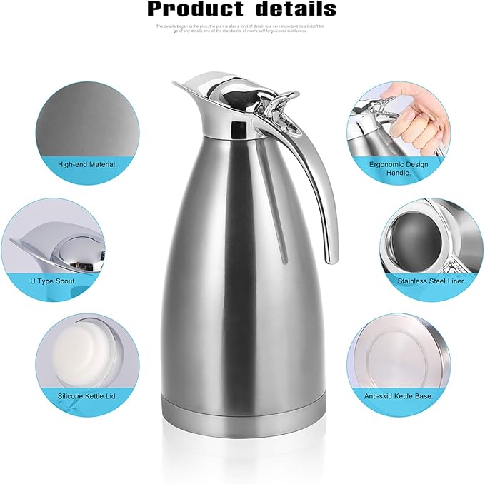 Fdit 1.5L/2L Coffee Tea Pot Stainless Steel Double Wall Vacuum Insulated Pot Jug Hot Water Bottle(Silver 2L)