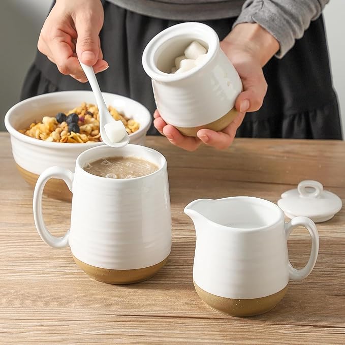 Ceramic Sugar and Creamer Container Set of 3,10 Ounce Cream Pitcher,11 Ounce Sugar Bowl with Lid and Spoon,Farmhouse Coffee Bar Accessories Set for Serving,Microwave & Dishwasher Safe,White