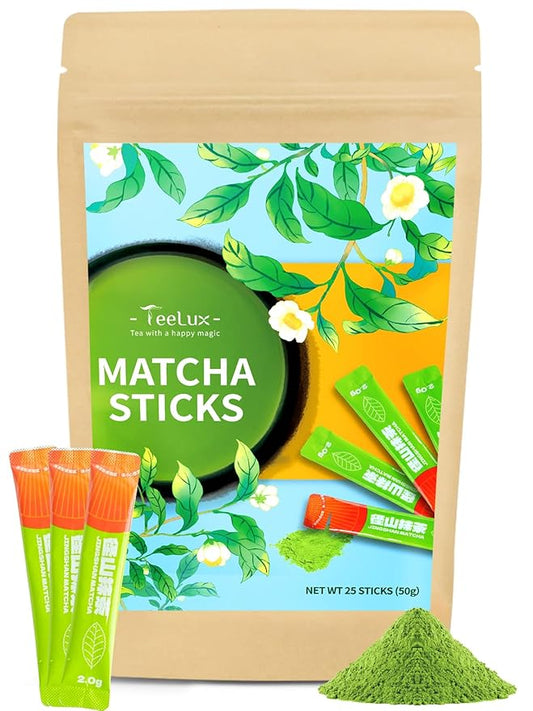 TeeLux Matcha Green Tea Powder, Premium First Harvest Culinary Grade Matcha Single Serve Packets, Unsweetened Matcha Powder Travel Stick Packs, 25 Count