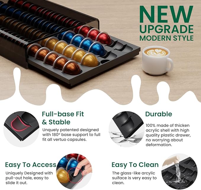 Coffee Pods Storage for Nespresso Vertuo Capsules Organizer, with Arcylic Top & Plastic Drawer, Holds 40 Pods