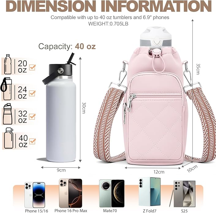 Water Bottle Carrier Bag with Strap, Water Bottle Purse with Phone Pocket 40oz for Walking Hiking