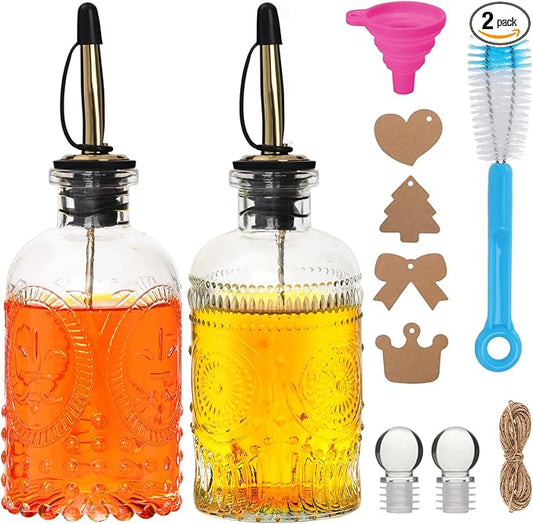7oz Glass Coffee Syrup Dispenser, 2-Pack Complete Set with Funnel, Brush, Stoppers & Accessories - Syrup Bottles for Coffee Bar with Metal Pour Spout, Ideal for Maple,Oil, Vinegar,Cooking wine