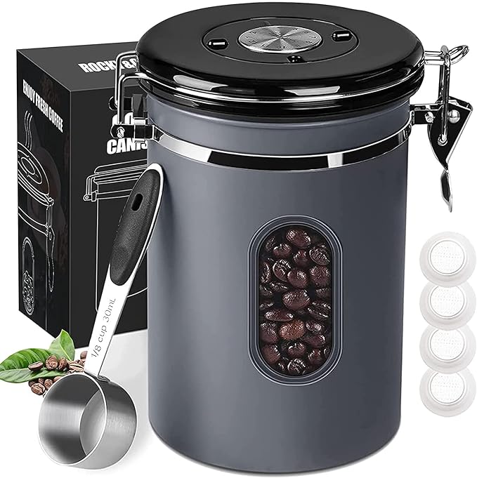 ROCKY&CHAO 2800ML Coffee Canister with Date Tracker&Transparent Window, 35OZ Coffee Container with 30ML Measure Spoon&4 co2 Valve, Coffee Bean Storage Container for Grounds Coffee, Beans, Tea(Gray)