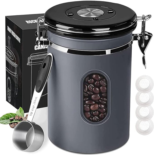 ROCKY&CHAO 2800ML Coffee Canister with Date Tracker&Transparent Window, 35OZ Coffee Container with 30ML Measure Spoon&4 co2 Valve, Coffee Bean Storage Container for Grounds Coffee, Beans, Tea(Gray)