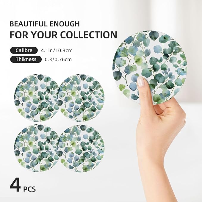 Green Eucalyptus Leaves Coasters for Drinks Absorbent Round Ceramic Coasters Set of 4 Non-Slip Cup Coaster with Cork Base for Coffee Table Drink Home Decor Tabletop Protection
