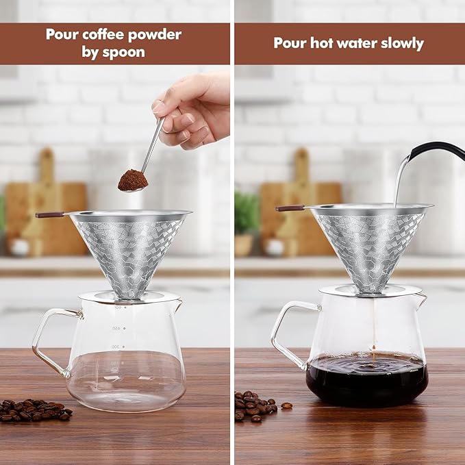 Pour Over Coffee Dripper, LOOFORE Stainless Steel Coffee Filter 1-4 Cup, Metal Cone Filter Paperless Reusable Coffee Filter, Double Mesh Design with Spoon and Cleaning Brush