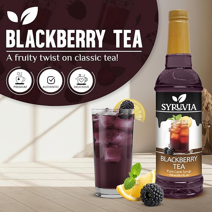 Syruvia Blackberry Tea Flavored Syrup for Drinks, Cocktails, Lemonades, Iced Teas and Desserts – 25.4 fl oz, With Pump