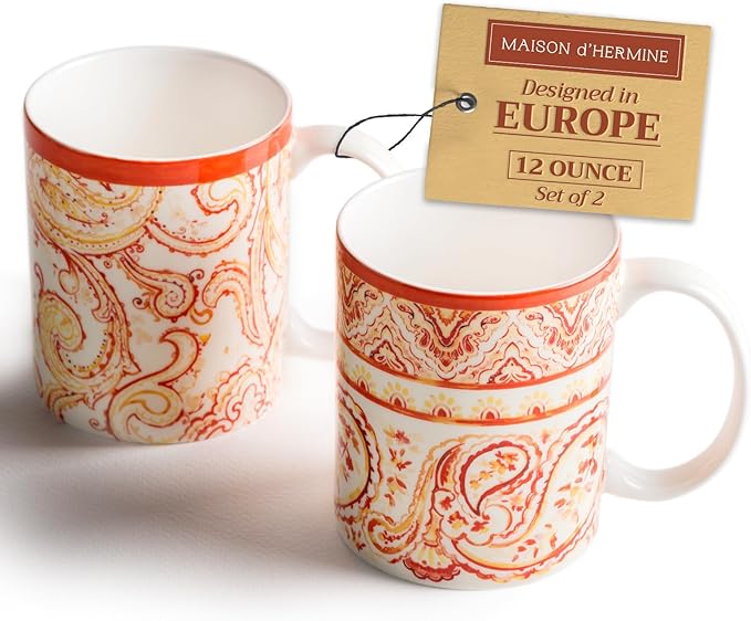 Maison d' Hermine Coffee Mug with Handles Fine Bone China Mugs Pack of Two Tea Cups for Hot Beverages Cappuccino Latte Home Restaurant Office Perfect for Gift (Palatial Paisley, 12 Ounce)