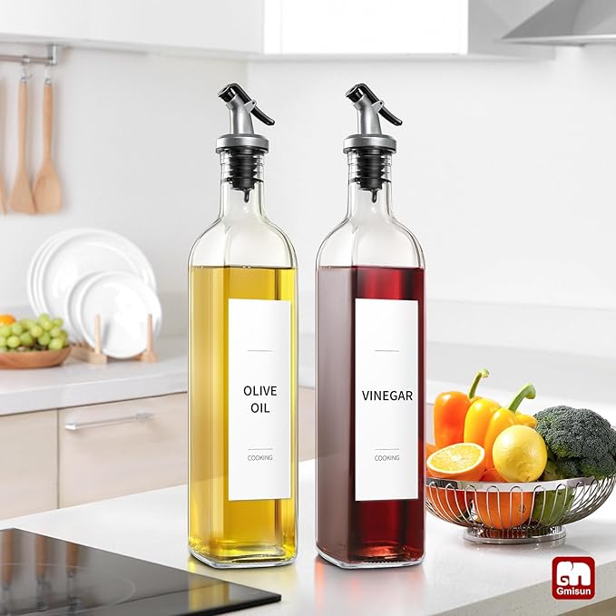GMISUN Olive Oil and Vinegar Dispenser Bottle Set, 2 Pack Oil and Vinegar Dispenser Bottle, 17oz Kitchen Oil Dispenser, Glass Cooking Oil Dispenser, Clear Glass Bottles for Oil with Funnel and Labels