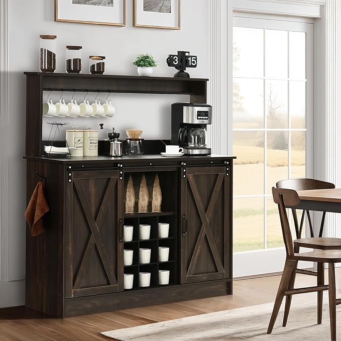 4ever2buy Farmhouse Coffee Bar Cabinet with 9 Wine Racks and 6 Hooks, 47 Inch Wine Cabinet with Storage, Kitchen Buffet Cabinet with Adjustable Shelves for Living Dining Room, Dark Oak