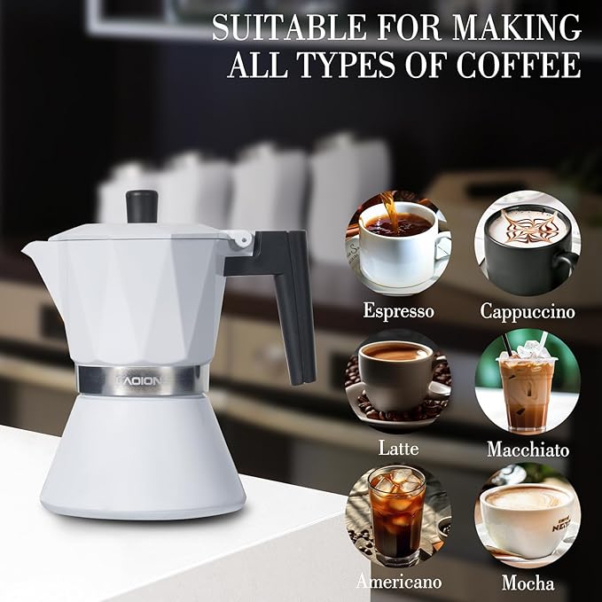 LAOION Moka Pot, 6-Cup Espresso Maker, 300ml Portable Stovetop Espresso Maker, Percolator Coffee Pot Compatible with Induction Cooktops, Suitable for Home and Camping (White)
