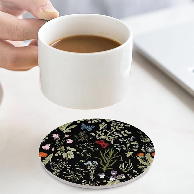 Botanical Drink Coasters, Round Ceramic Drink Coaster Round-4PCS, Colorful Cartoon Abstract Botanical Mushroom Plants Pattern Decor Absorbent Ceramic Coasters for Beverage Cup, Bar, Coffee Table