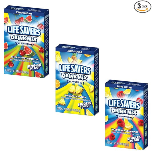 Lifesavers Singles to Go Variety Pack of 3 - One of Each Flavor - Cherry Watermelon, Pineapple Punch, and Raspberry Lemonade - Powdered Drink Mix