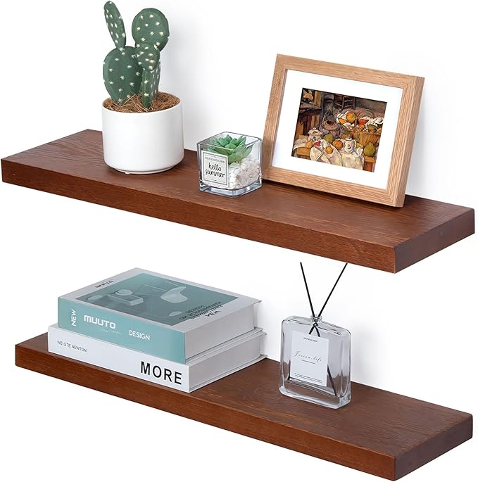 Marsmiles Wood Floating Shelves | 24 Inch Mahogany Wall Shelves Set of 2 | 24" W x 6.7" D Rustic Wooden Shelves for Bathroom Kitchen Living Room Bedroom