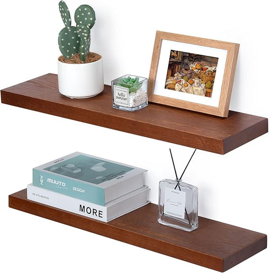 Marsmiles Wood Floating Shelves | 24 Inch Mahogany Wall Shelves Set of 2 | 24" W x 6.7" D Rustic Wooden Shelves for Bathroom Kitchen Living Room Bedroom