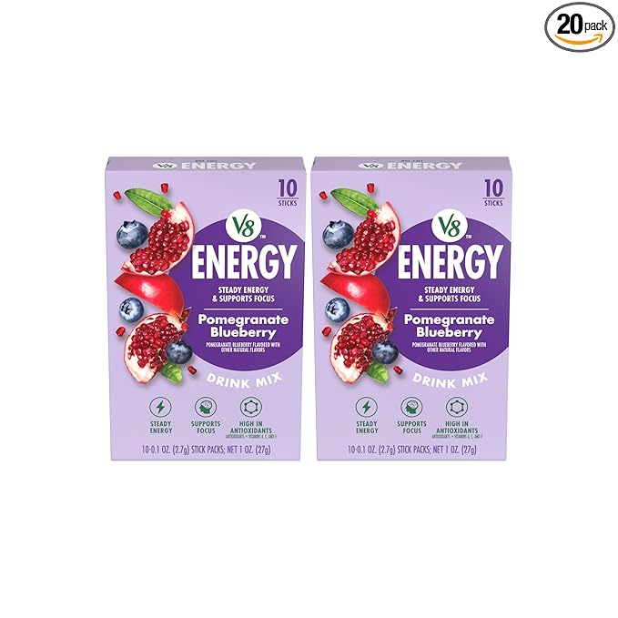 V8 Energy Pomegranate Blueberry Energy Drink Powder, .10 oz Packet (10 Count) (Pack of 2)