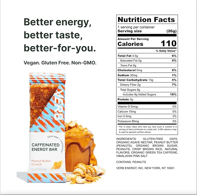 Verb Caffeinated Energy Bars Peanut Butter Cookie (26g, Pack of 16) 110-Calorie Delicious Energy Bar - Vegan Gluten Free On-the Go Snack with 80mg Green Tea Caffeine, Only Real-Food Ingredients