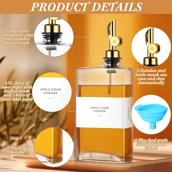 4 Pcs Olive Oil Dispenser for Kitchen, Glass Olive Bottles Oil Seasoning Bottle Set Coffee Syrup Soy Sauce Dispenser (Gold,350 ml)