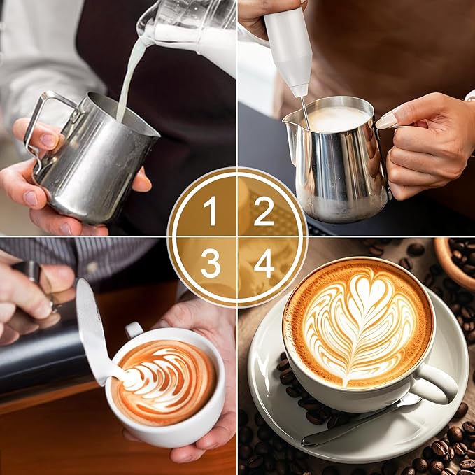Powerful Milk Frother - Electric Handheld Milk Frother with Stand, Milk Jug and 2 Stainless Steel Blenders, Rechargeable 3 Speed Coffee Latte Cappuccino Matcha (White)