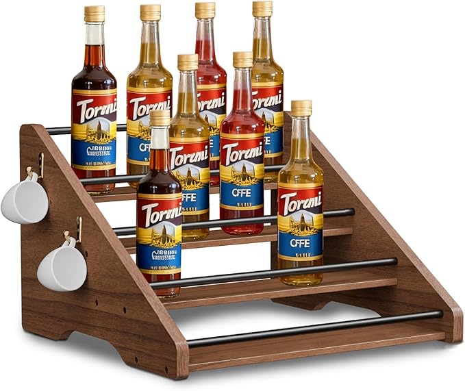 AHUONEL Coffee Syrup Organizer, 4-Tier Solid Wood Syrup Rack, Wine Rack, Storage Organizer for 16 Syrup Bottles/Spice Jars/Liquor Bottles, Sturdy Storage Stand for Coffee Bar