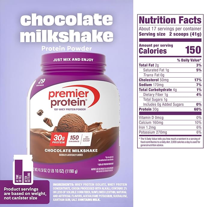 Premier Protein Powder, Chocolate Milkshake, 30g Protein, 1g Sugar, No Soy, Gluten Free, 41.9oz (29 Servings)