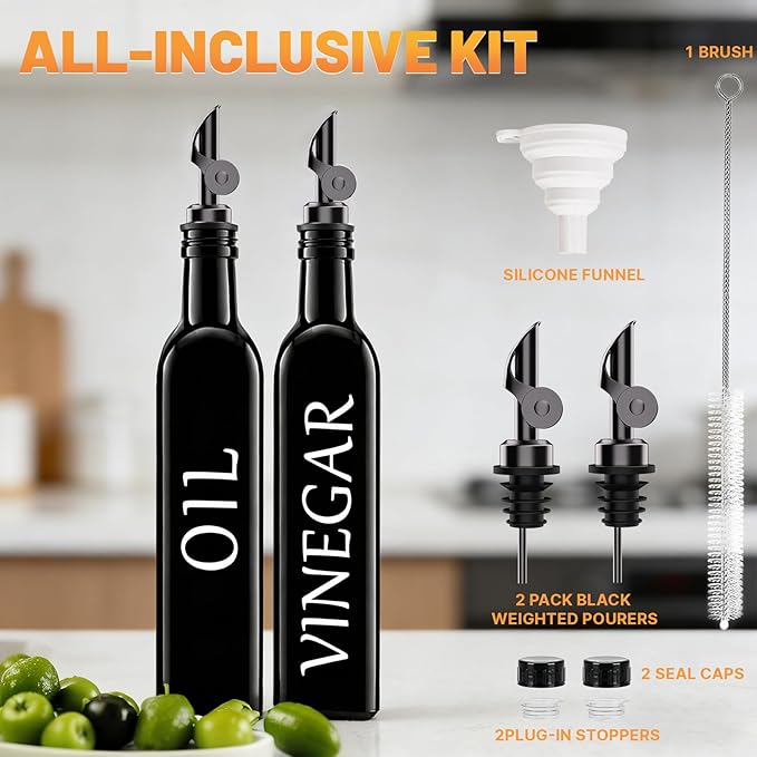 Oil and Vinegar Dispenser Set of 2, 17oz/500ml Extra Thick Glass Oil & Vinegar Cruet with Stainless Steel Pourer, Leak‑Proof Spout, Funnel & Cleaning Brush for Kitchen Cooking (Black)