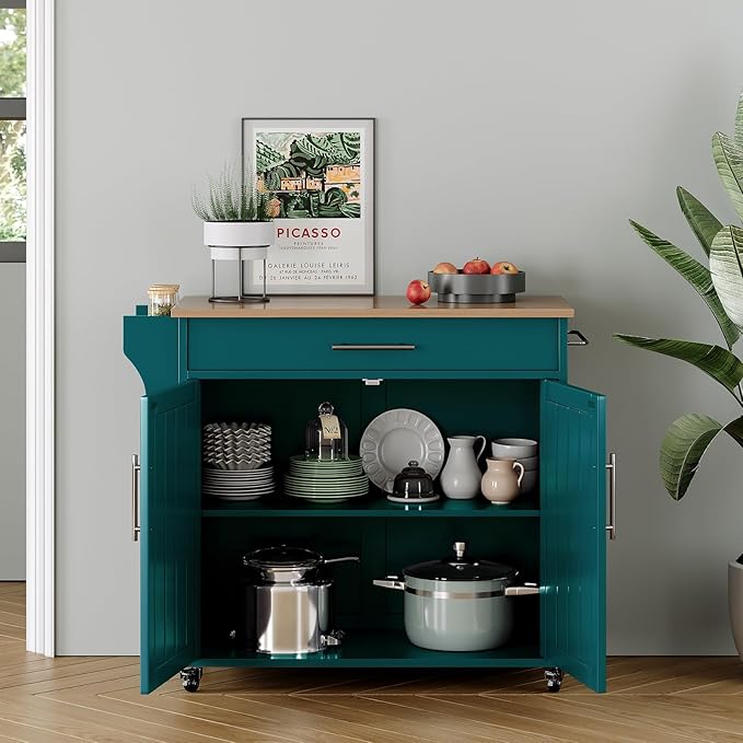 Kitchen Storage Island, Wooden Rolling Kitchen Island On Wheels with Countertop, Mobile Kitchen Island Cart with Towel Rack, Spice Rack and Drawers, Green