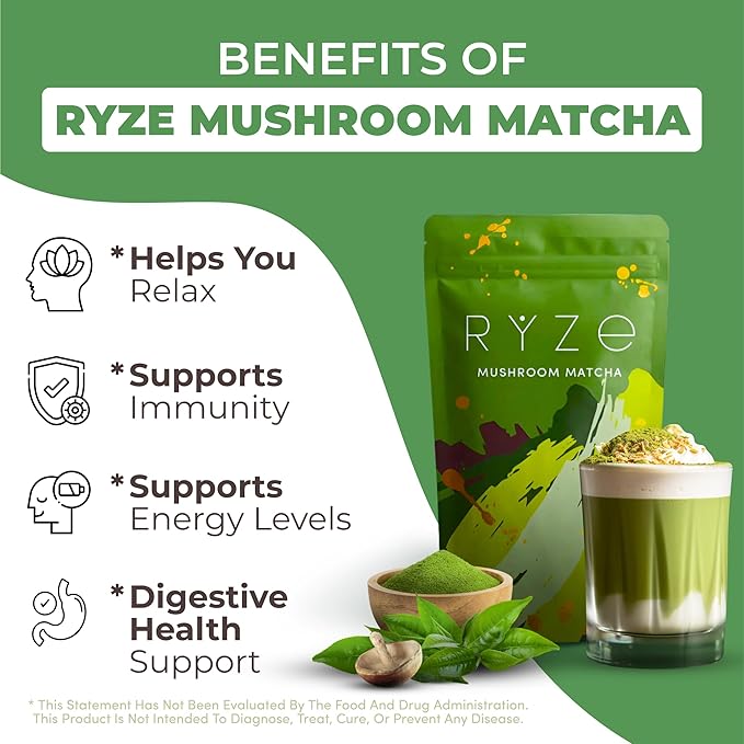 RYZE SUPERFOODS Mushroom Matcha Starter Kit, USDA Organic with 6 Adaptogenic Mushrooms and Ceremonial-Grade Matcha, Energy, Focus, Digestion, Immunity with Turkey Tail, Shiitake, Reishi, 60 servings