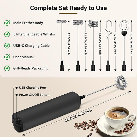 Milk Frother Handheld Rechargeable - 2-Speed Electric Whisk with 5 Detachable Heads (Frother/Mixer/Whisk) for Coffee, Latte, Cappuccino & Matcha, Drink Mixer (Black)